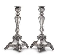 A Pair of Austrian Silver Candlesticks, Maker's Mark HS, Vienna, 19th Century, each stem of paneled baluster form with foliate and geom