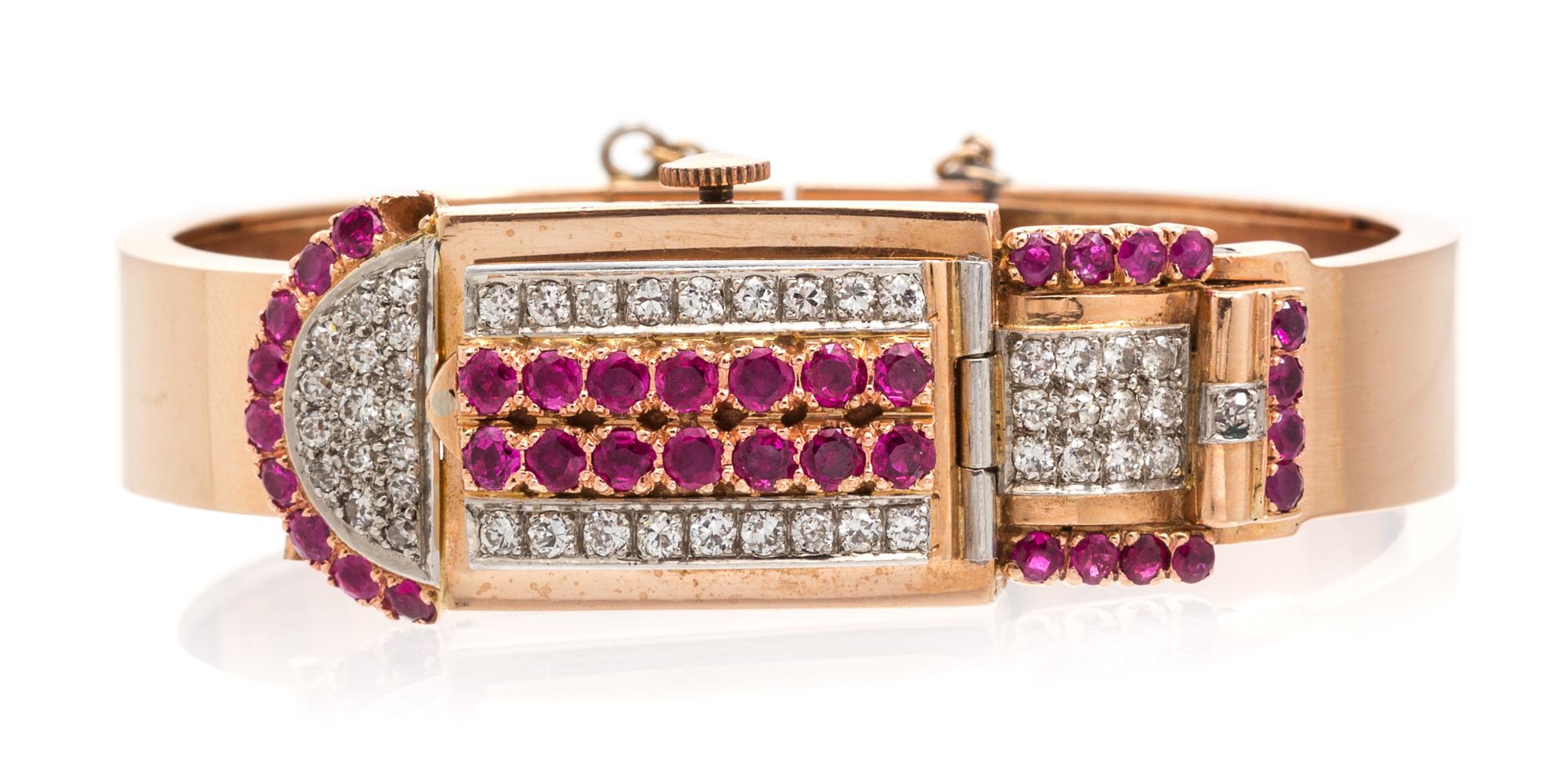 A Retro 14 Karat Rose Gold, Ruby and Diamond Surprise Bangle Bracelet Watch, Seeland, 34.85 dwts.