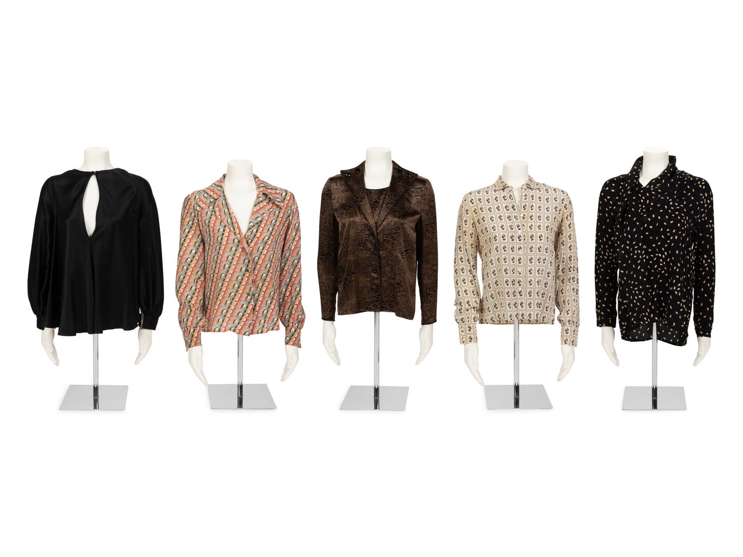 Five Silk Designer Blouses: One Louis Féraud, One Gucci, One Chloé, One Valentino Two-Piece Ensemble, and One Galanos, 1980s