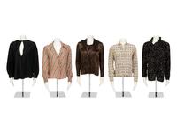 Five Silk Designer Blouses: One Louis Féraud, One Gucci, One Chloé, One Valentino Two-Piece Ensemble, and One Galanos, 1980s