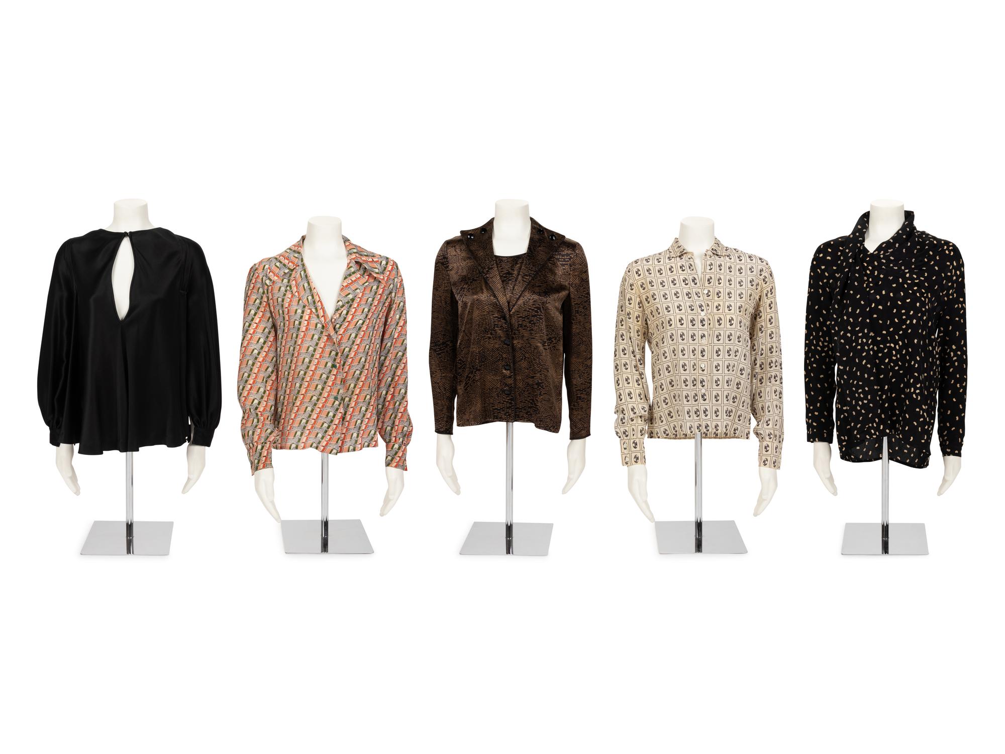 Five Silk Designer Blouses: One Louis Féraud, One Gucci, One Chloé, One Valentino Two-Piece Ensemble, and One Galanos, 1980s