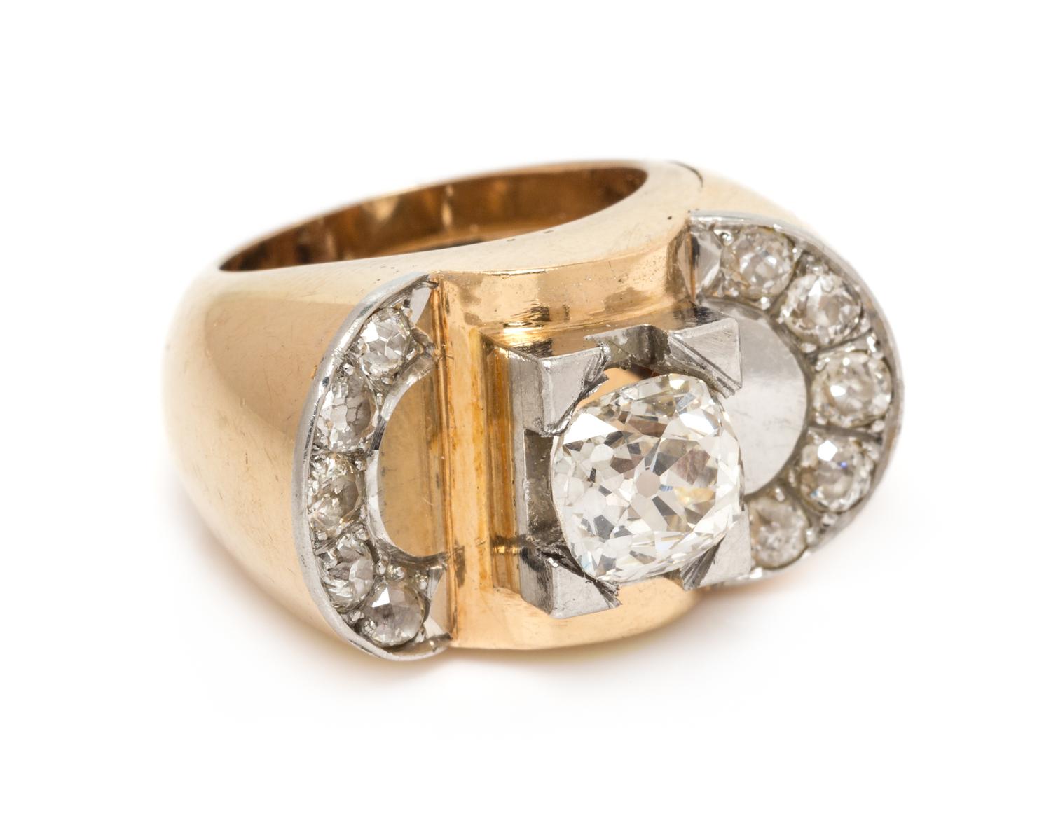 A Retro 18 Karat Yellow Gold, Platinum and Diamond Ring, French, 8.80 dwts.