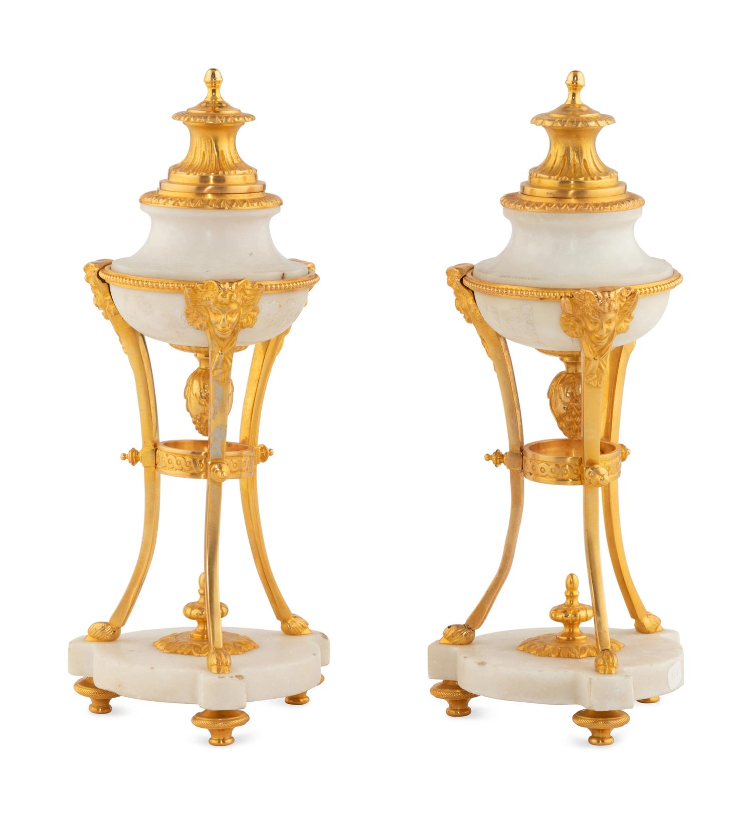 A Pair of French Gilt Bronze and Marble Convertible Cassolettes