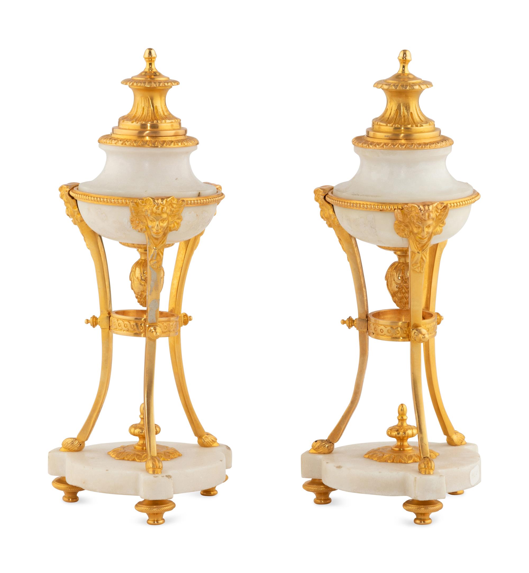 A Pair of French Gilt Bronze and Marble Convertible Cassolettes