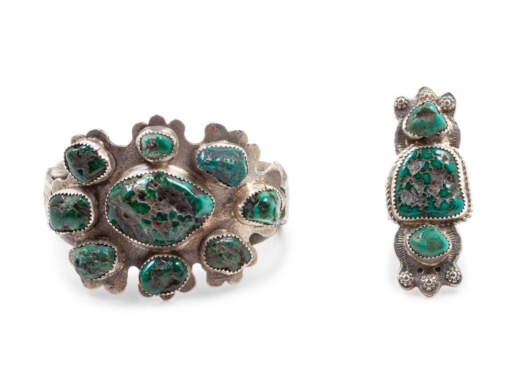 Native American Silver and Turquoise Bracelet and Ring, possibly from the Candelaria Mine