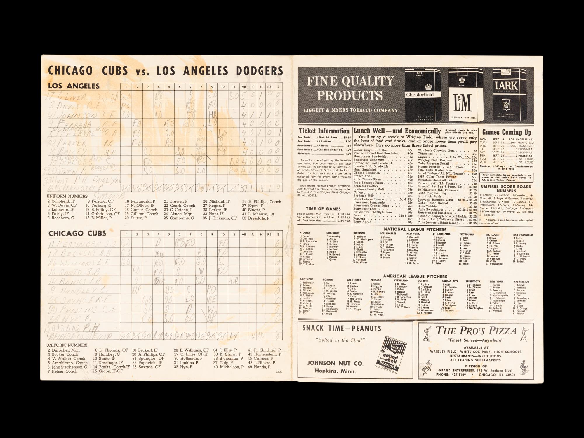 A Group of 12 1960s-70s Chicago Cubs Wrigley Field Signed Autograph Scorecards (Including Ernie Banks, Billy Williams, Fergie Jenkins and Ron Santo)