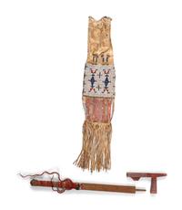 Sioux Beaded Hide Tobacco Bag, with Quilled Pipe Stem and Catlinite Bowl