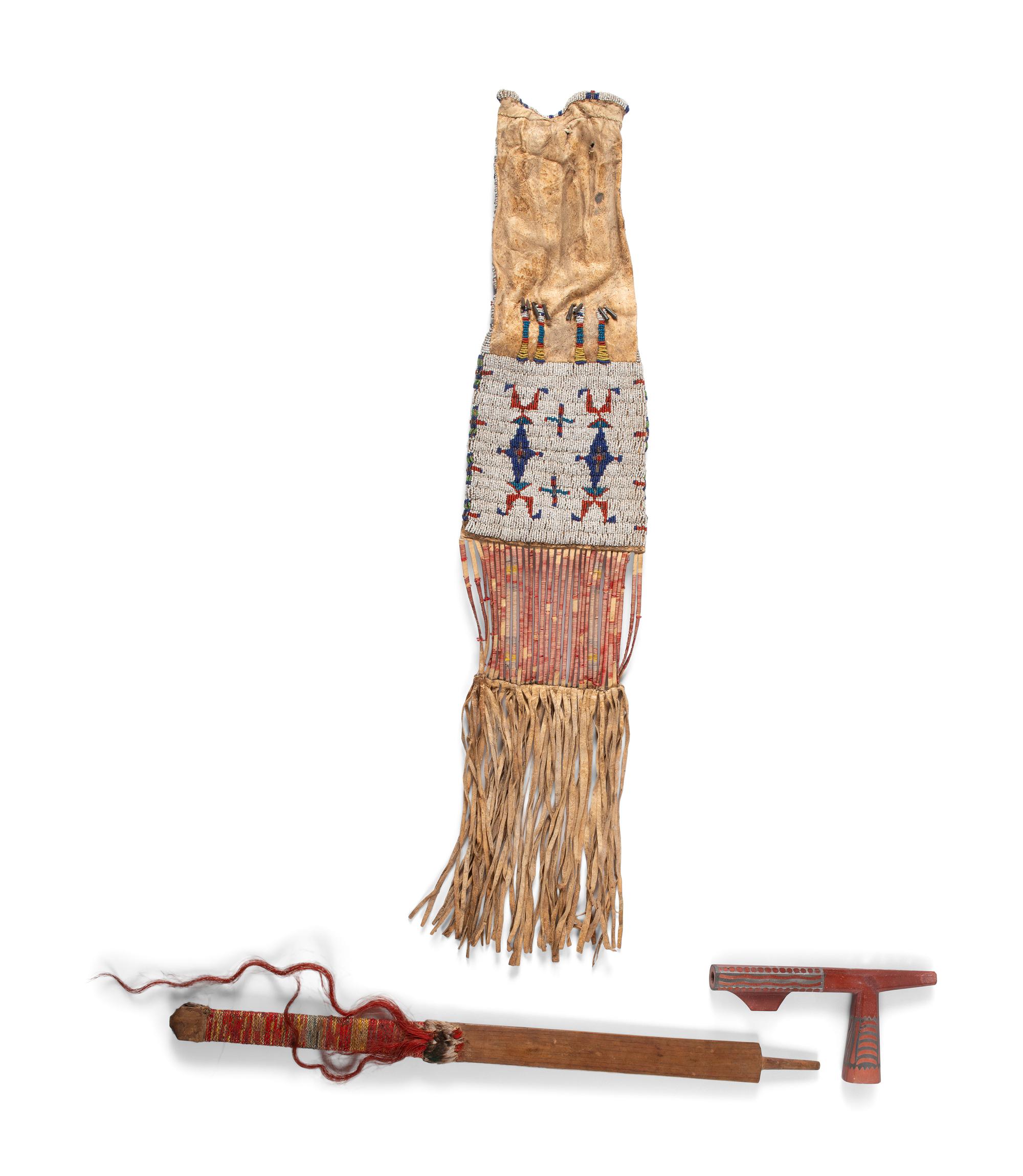 Sioux Beaded Hide Tobacco Bag, with Quilled Pipe Stem and Catlinite Bowl