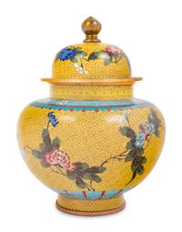 Seven Large Chinese Yellow Ground Cloisonné Enameled Vases