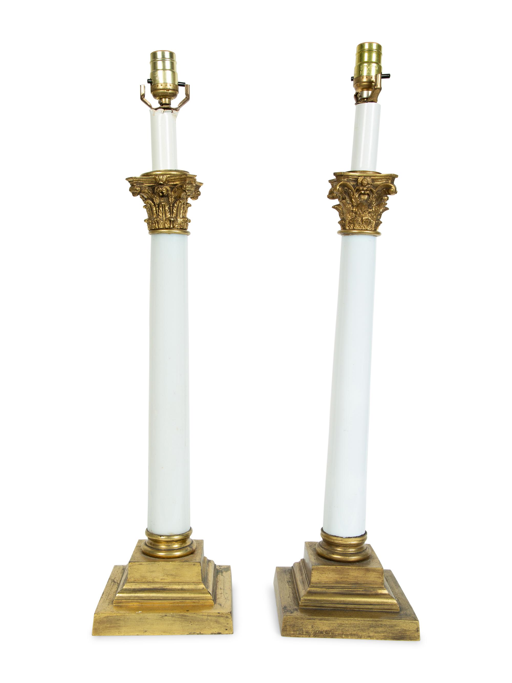 A Pair of White Opaline Glass and Gilt Metal Mounted Neoclassical Column-Form Table Lamps — 20TH CENTURY