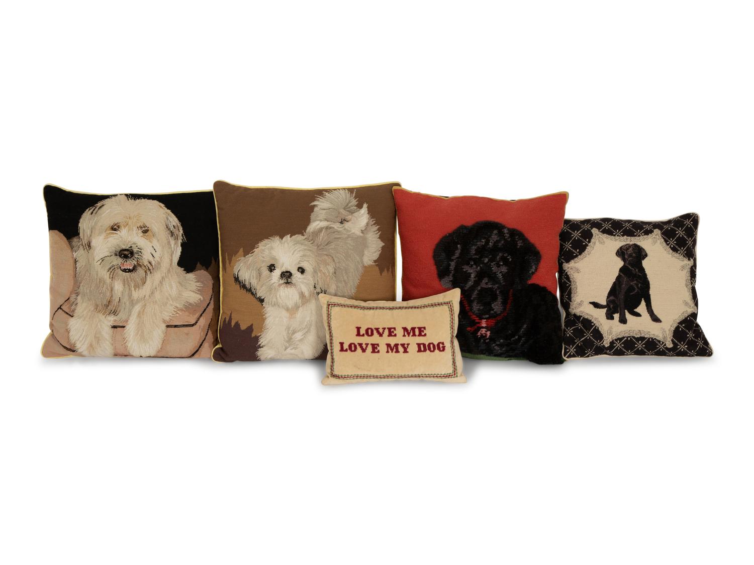 Five Needlwork Cushions Featuring Dogs — 20th Century