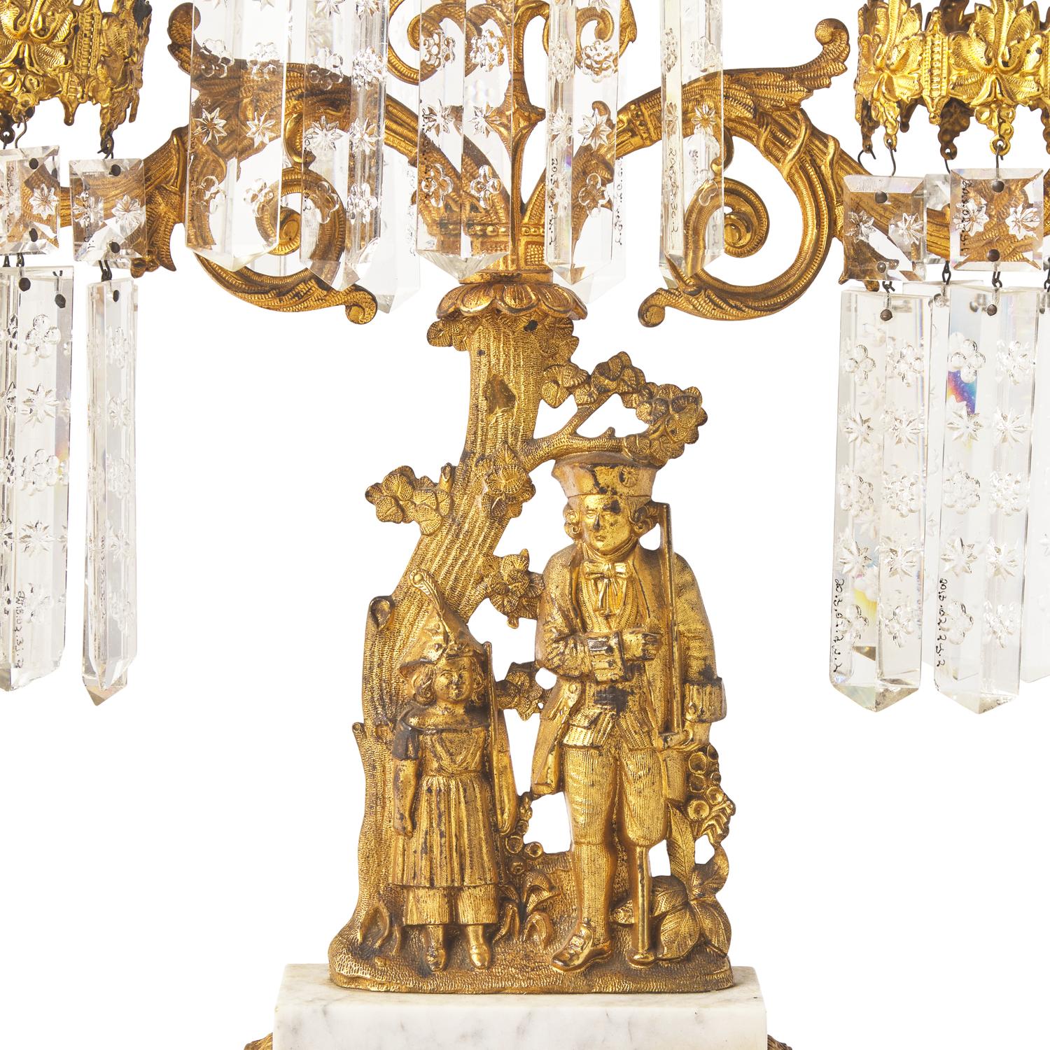 A "Leatherstocking Tales" Three-Piece Cast Brass, Marble, and Brass Girandole Garniture