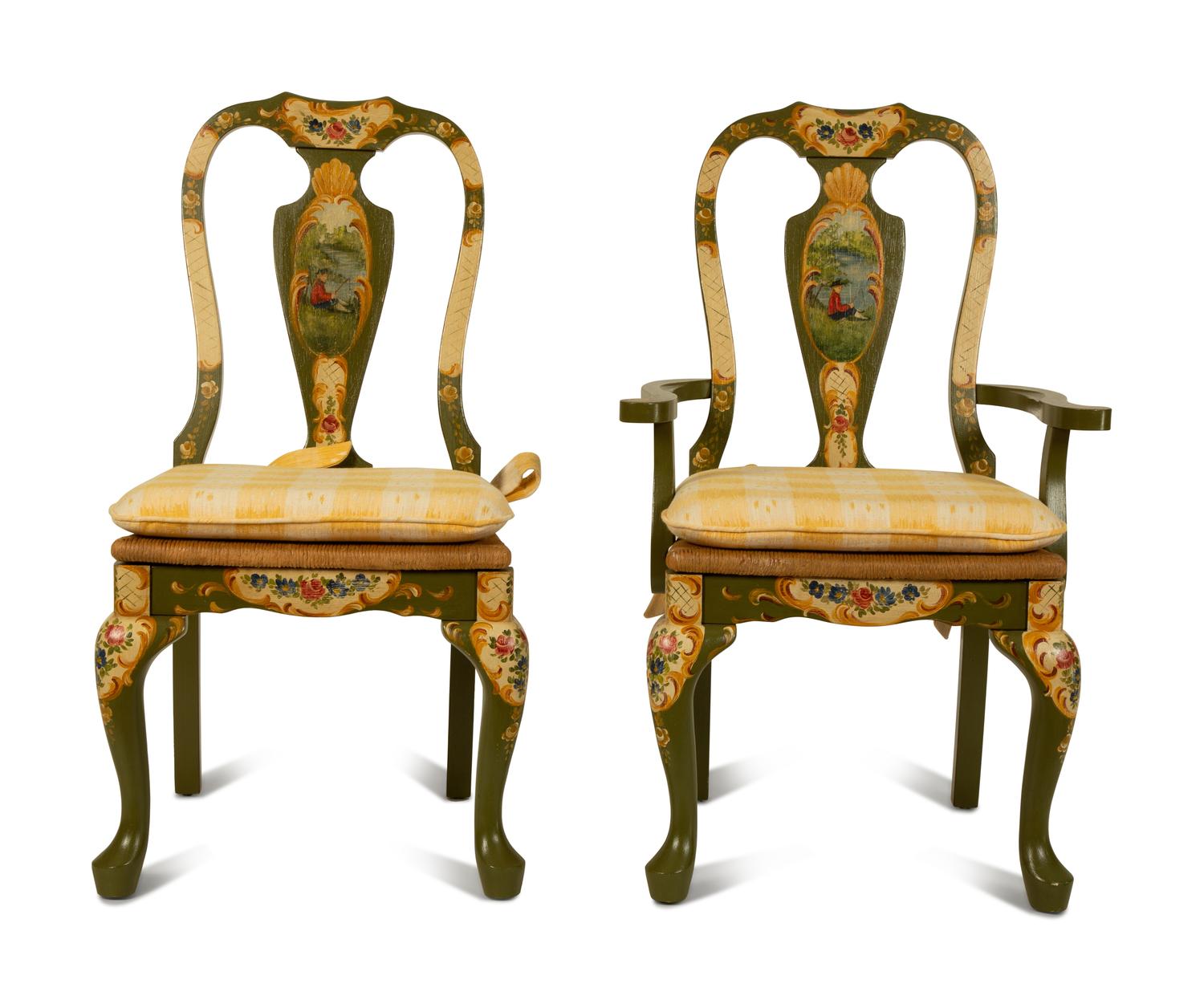 Six Queen Anne Style Painted Rush Seat Dining Chairs — 20TH CENTURY