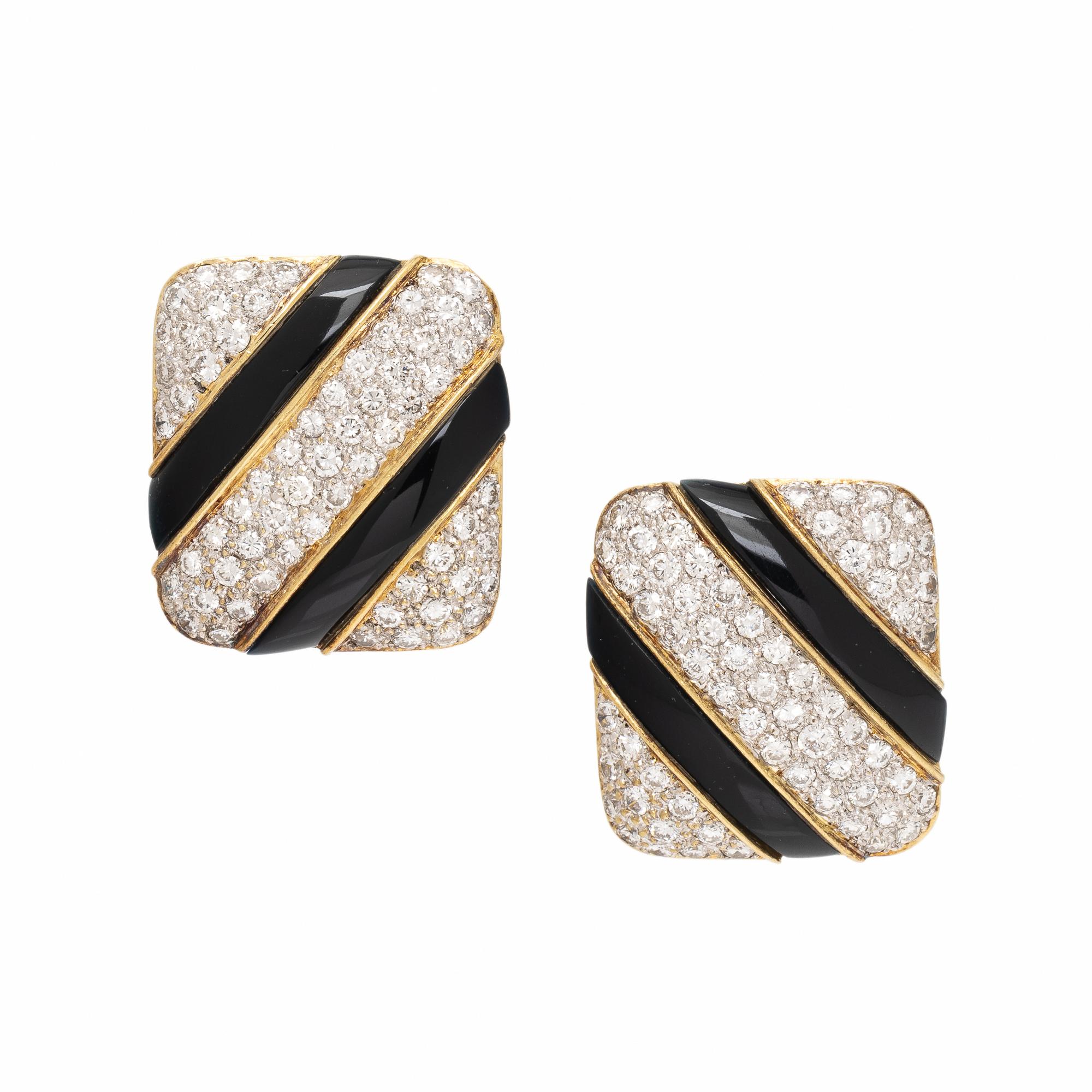 Diamond, Onyx, and Yellow Gold Earrings