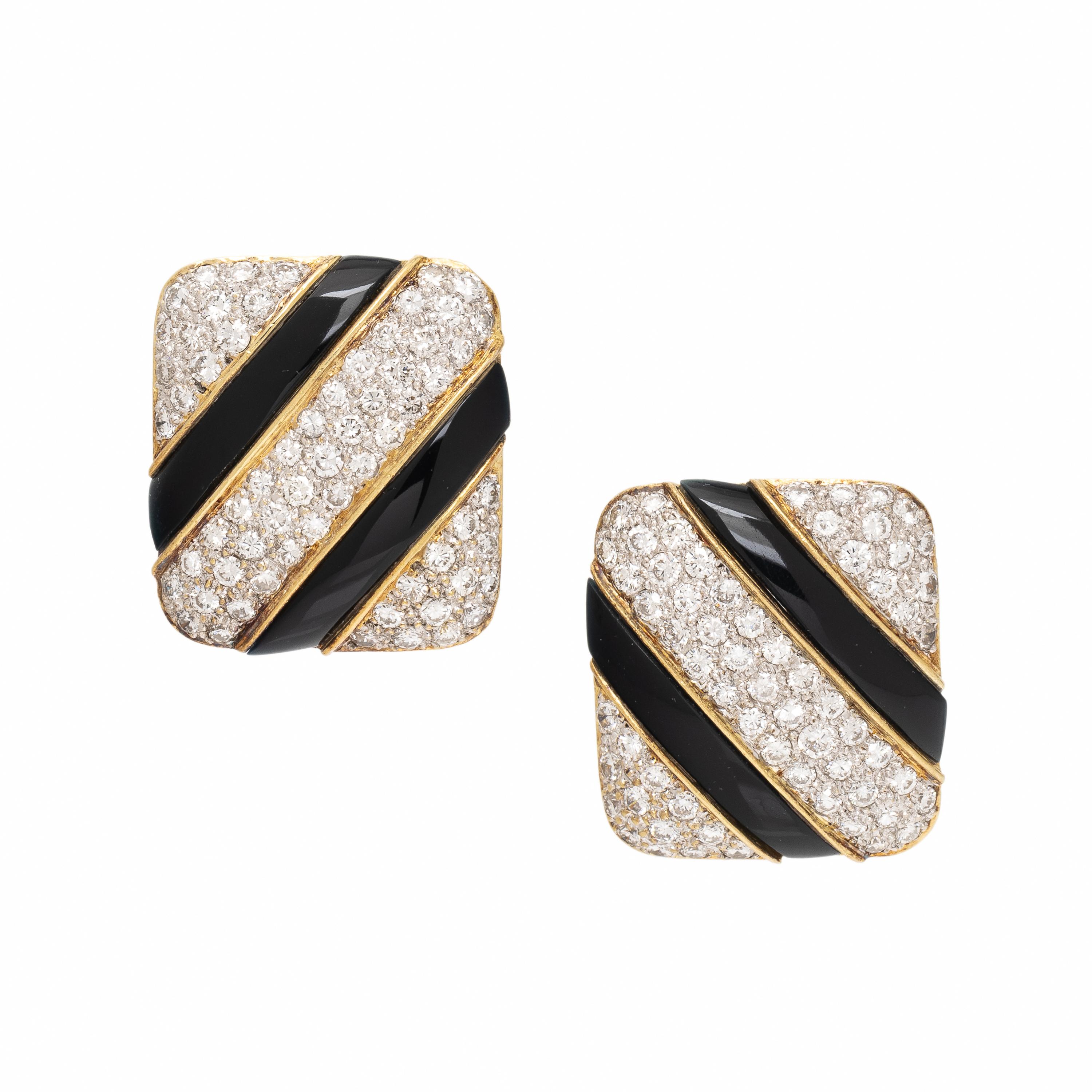 Diamond, Onyx, and Yellow Gold Earrings