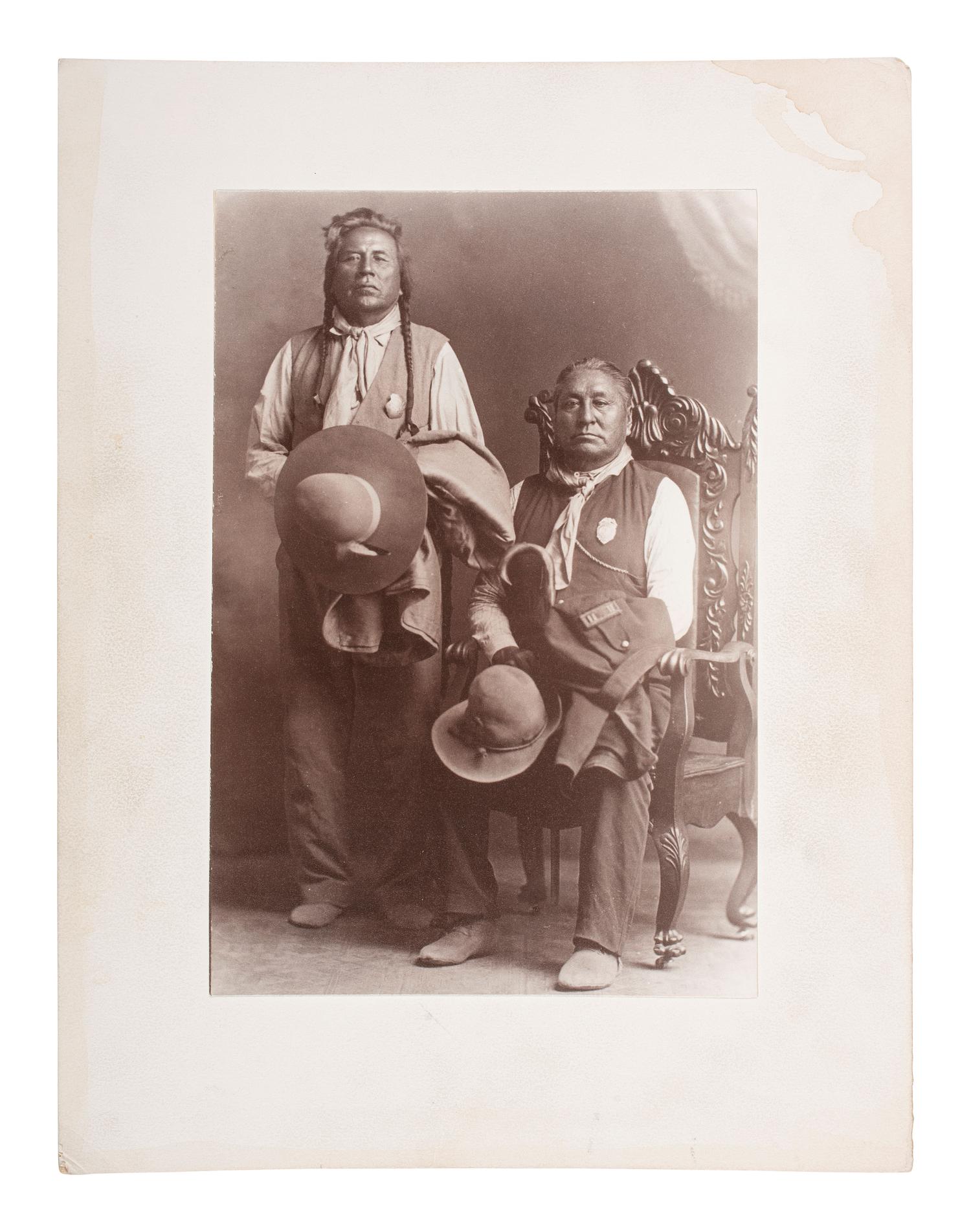 [NATIVE AMERICANS]. CHRISTENSEN, L.E., photographer. Custer's Scout Curley with Big Medicine. Forsyth, MT: 1902.