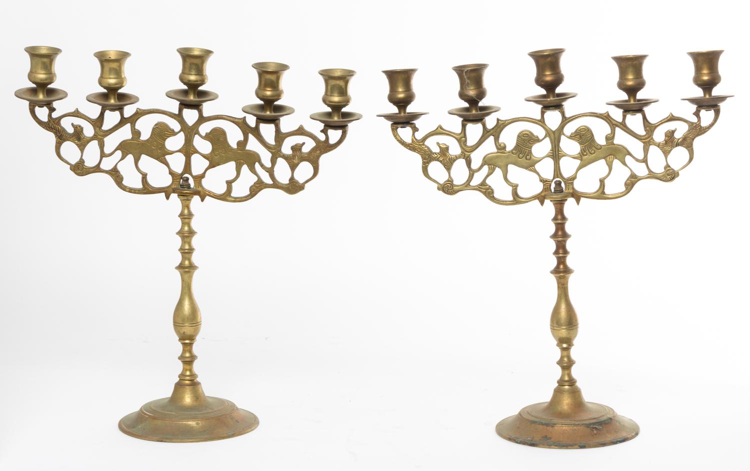 A Pair of Brass Five-Light Candelabra Height 15 1/2 inches.