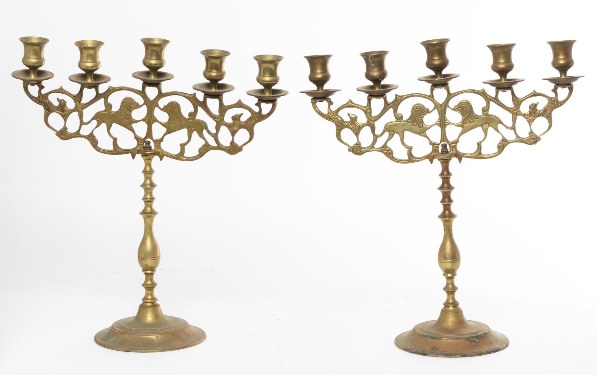 A Pair of Brass Five-Light Candelabra Height 15 1/2 inches.