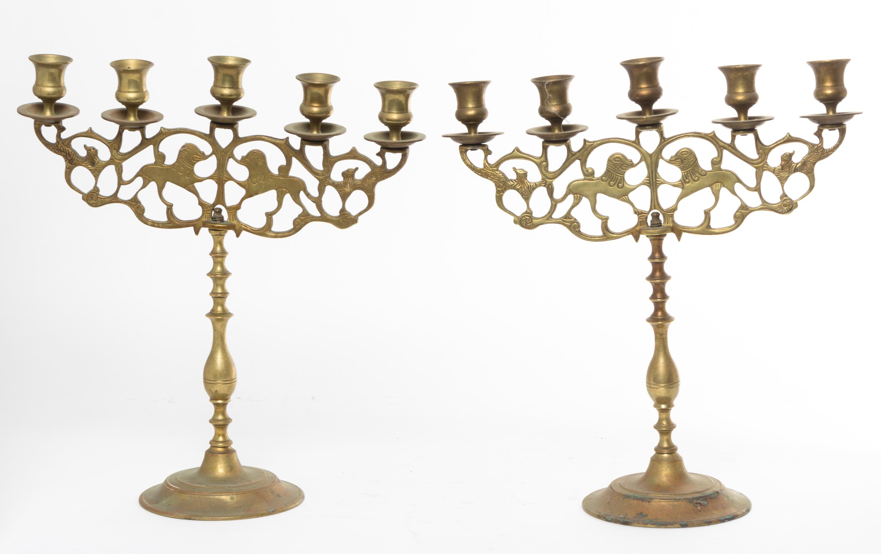 A Pair of Brass Five-Light Candelabra Height 15 1/2 inches.