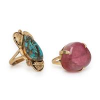 TWO YELLOW GOLD RINGS WITH PINK TOURMALINE AND TURQUOISE
