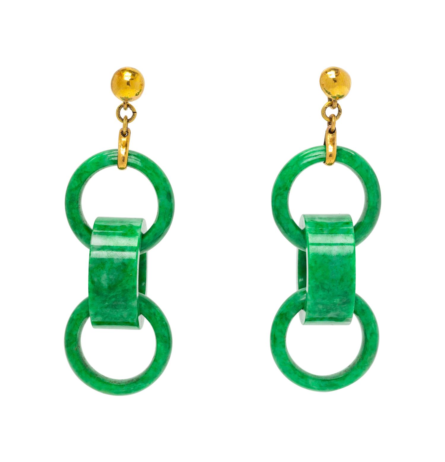 A Pair of Yellow Gold and Green Hardstone Earrings,