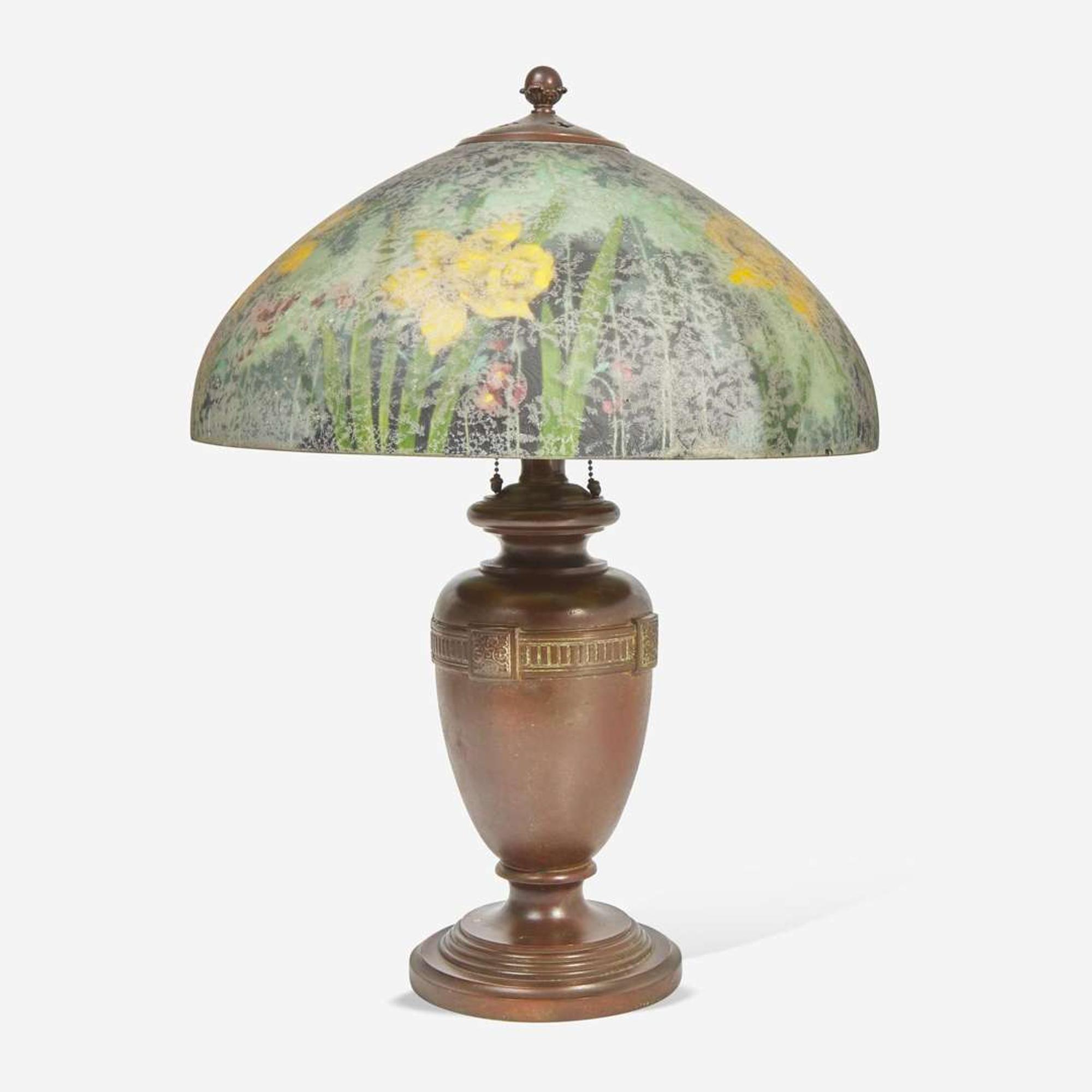 Handel Lamp Company (American, active 1888-1936) Table Lamp with Reverse-Painted Shade, Meriden, Connecticut, USA, 1920s