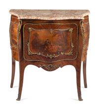 A Louis XV Style Gilt Bronze Mounted Vernis Martin Decorated Marble Top Commode