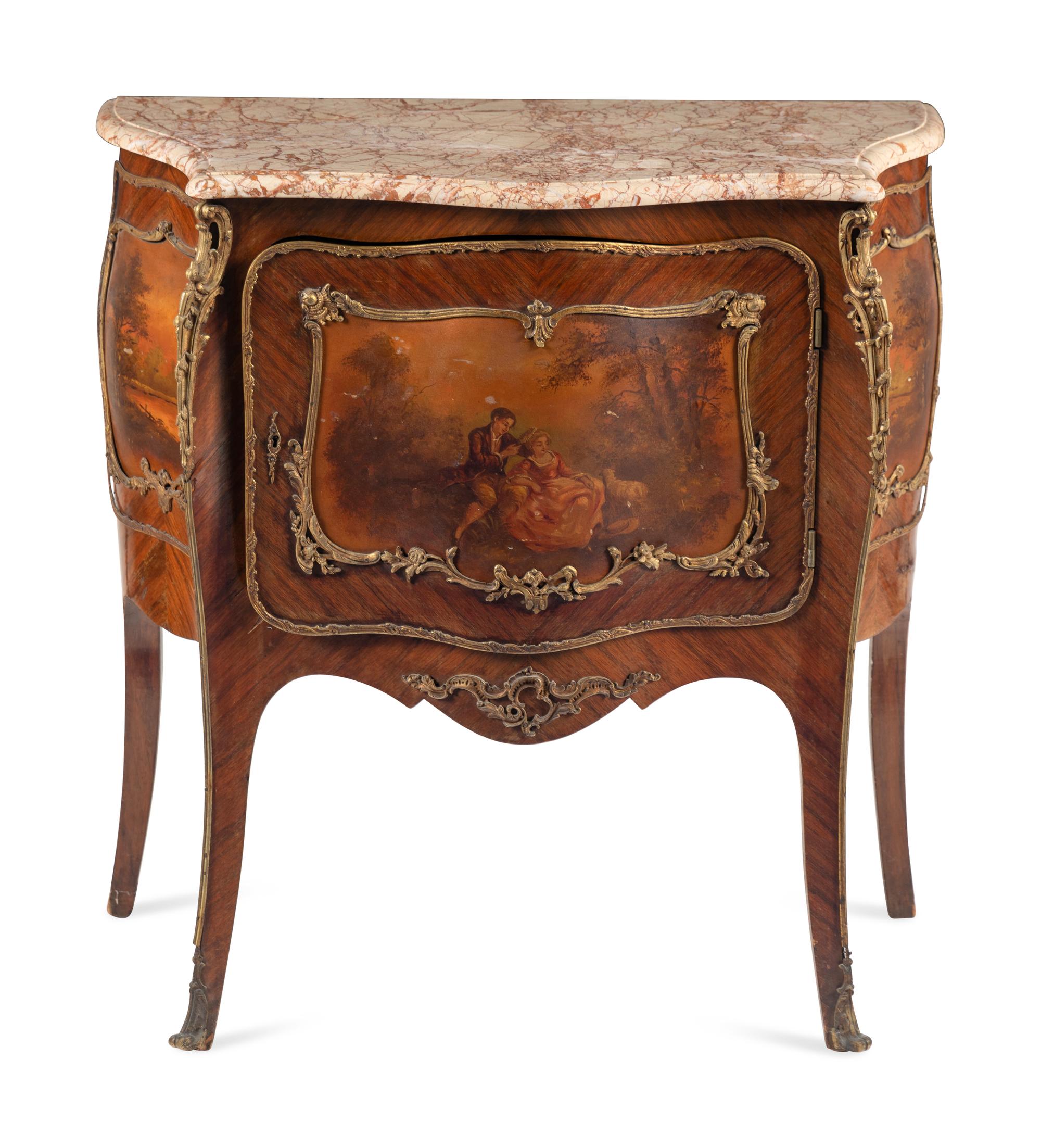 A Louis XV Style Gilt Bronze Mounted Vernis Martin Decorated Marble Top Commode