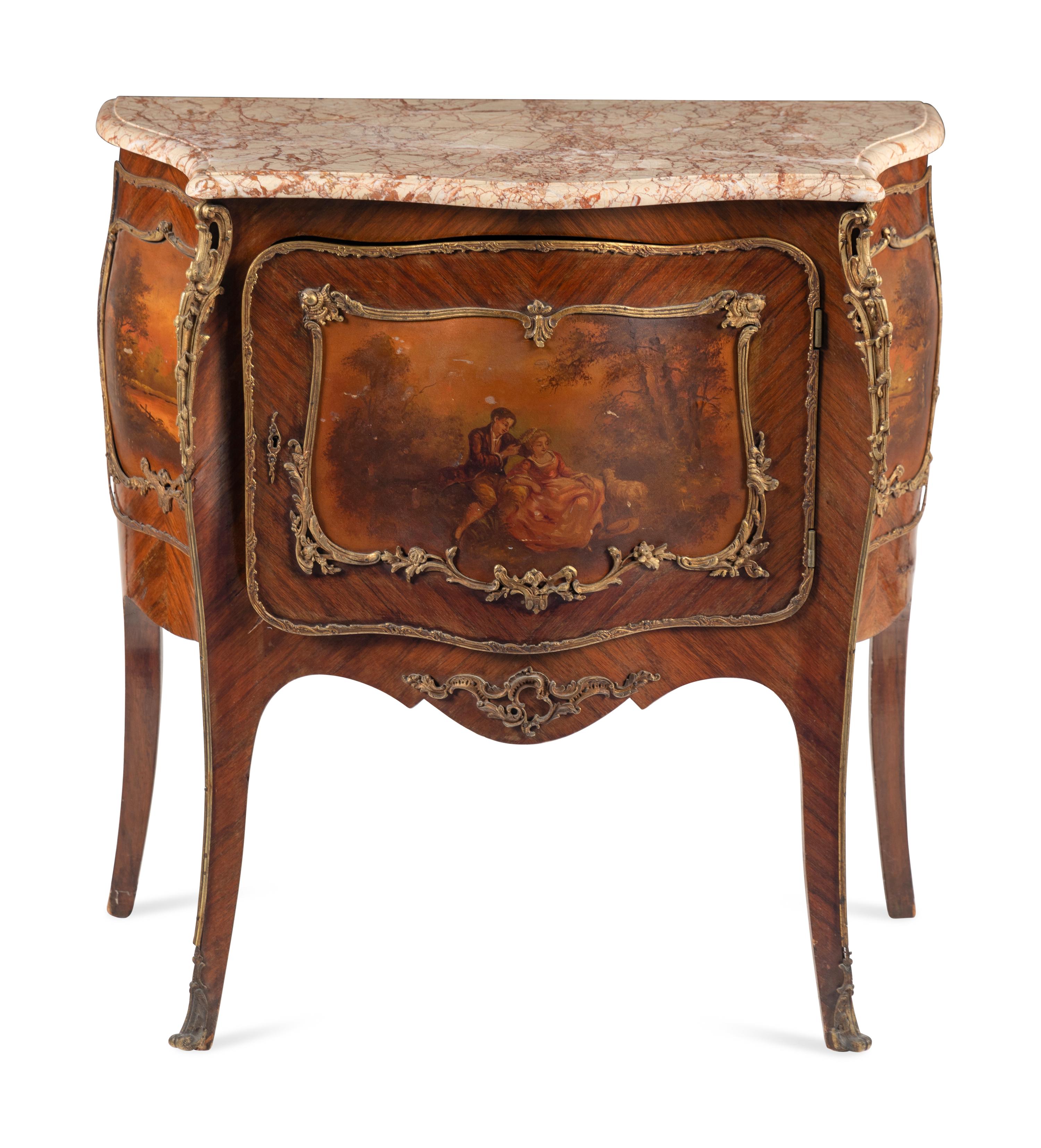A Louis XV Style Gilt Bronze Mounted Vernis Martin Decorated Marble Top Commode