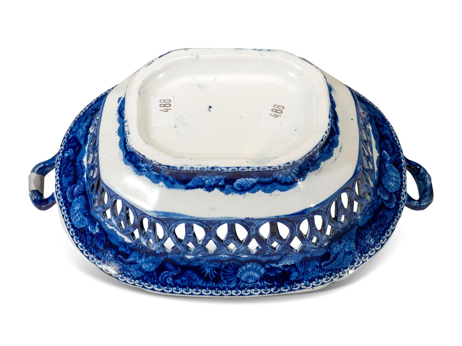 A Historic Blue Staffordshire 'West Point' Chestnut Reticulated Basket and Undertray