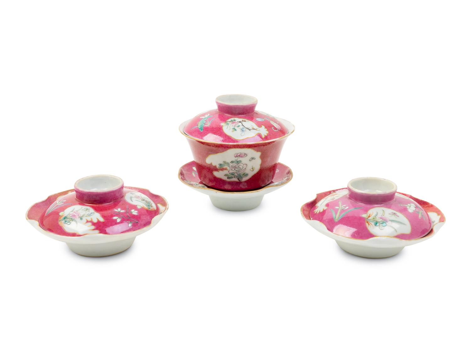 A Chinese Pink Ground Famille Rose Porcelain Tea Bowl