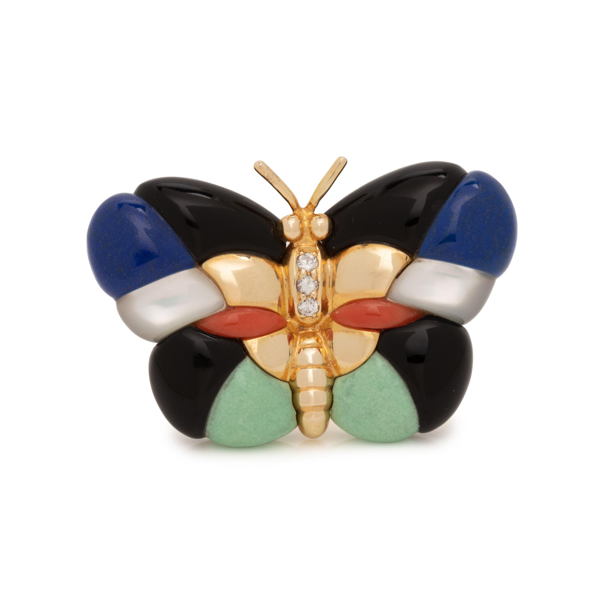 HARDSTONE AND DIAMOND BUTTERFLY BROOCH