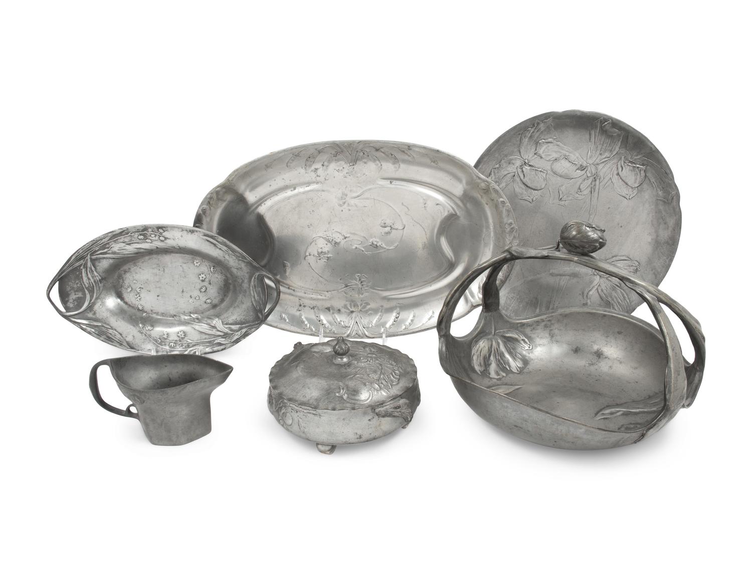 A Group of Six Kayserzinn Jugendstil Pewter Articles