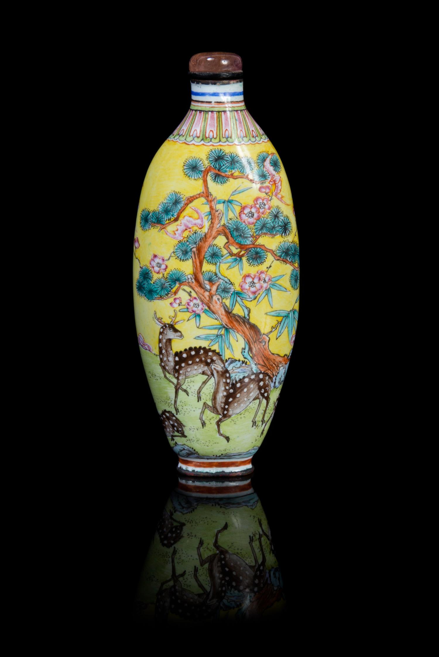 An Enamel on Copper Snuff Bottle Height 3 5/8 inches.