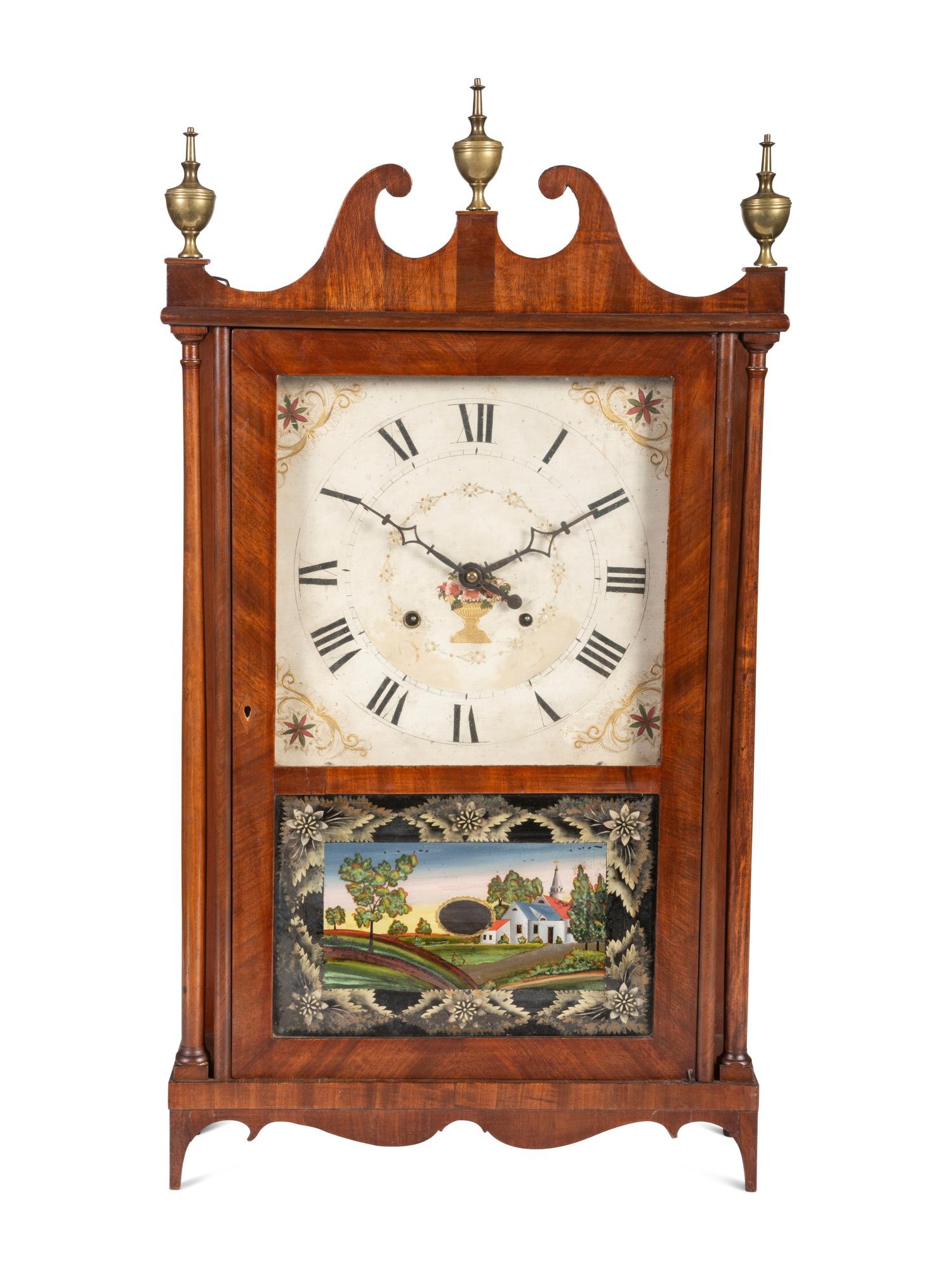 A Federal Pillar and Scroll Mahogany Mantel Clock