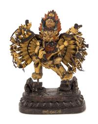 A Sino-Tibetan Red Lacquered Gilt Bronze Figure of Yamantaka