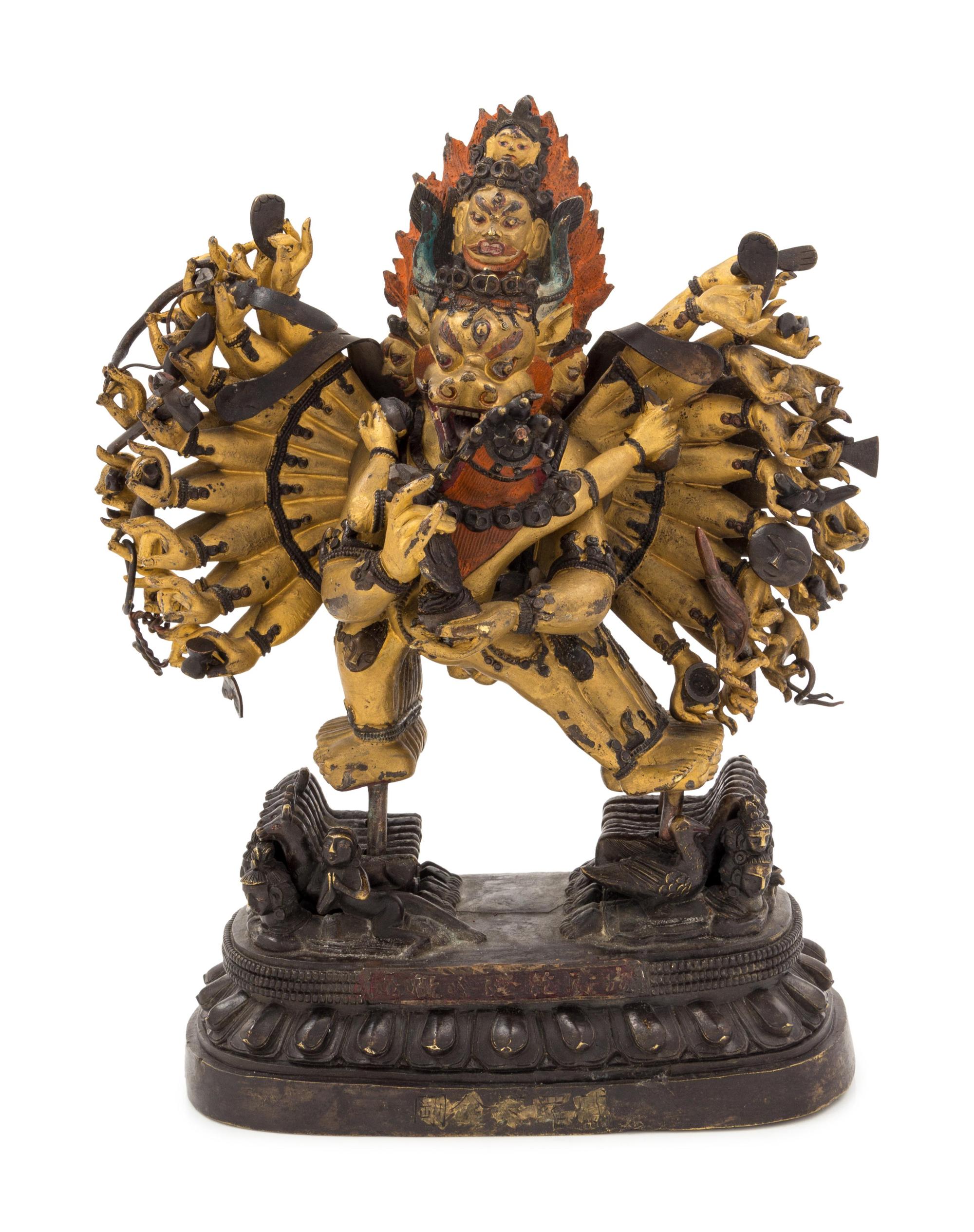 A Sino-Tibetan Red Lacquered Gilt Bronze Figure of Yamantaka