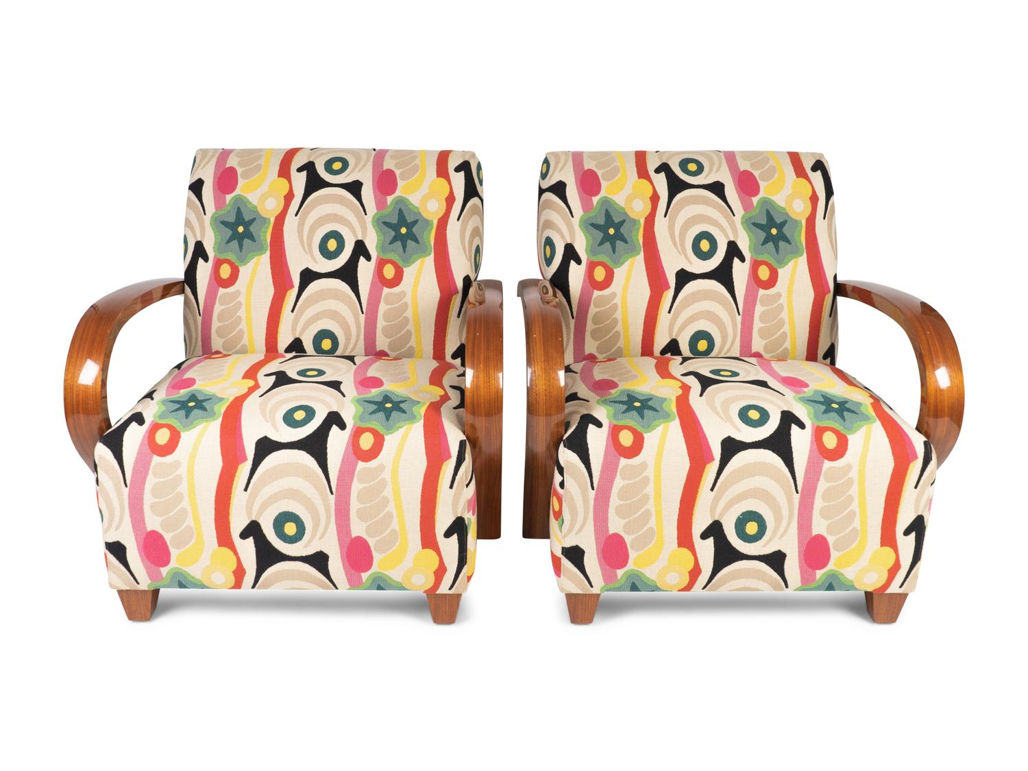 A Pair of Bentwood Lounge Chairs in Clarence House fabric