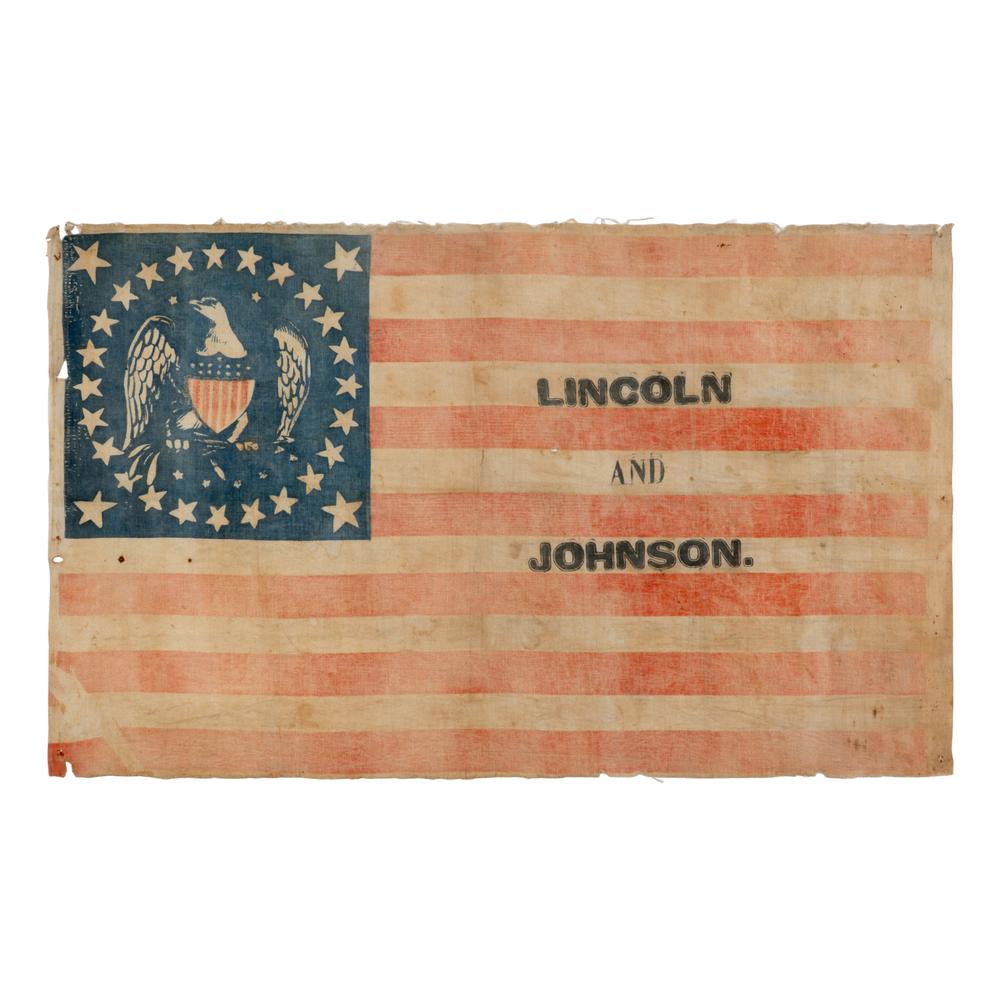 [LINCOLN-JOHNSON CAMPAIGN]. An exceedingly rare 34-star eagle parade flag, ca 1863-1864. 