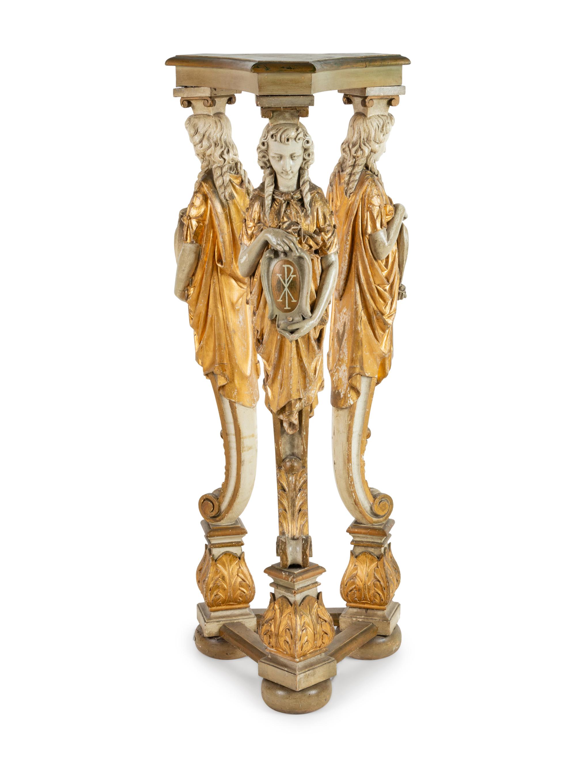 A Painted and Parcel Gilt Figural Pedestal