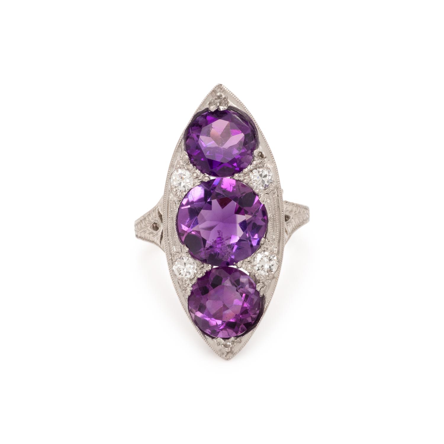 AMETHYST, DIAMOND, AND PLATINUM RING