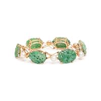 JADE, CULTURED PEARL, AND YELLOW GOLD BRACELET AND BROOCH