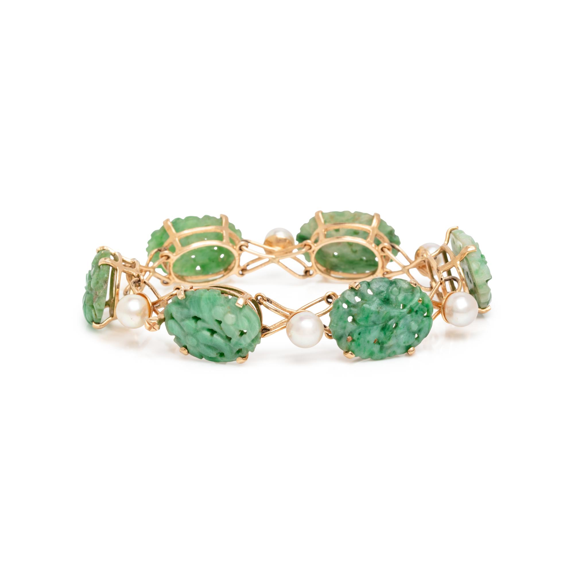 JADE, CULTURED PEARL, AND YELLOW GOLD BRACELET AND BROOCH