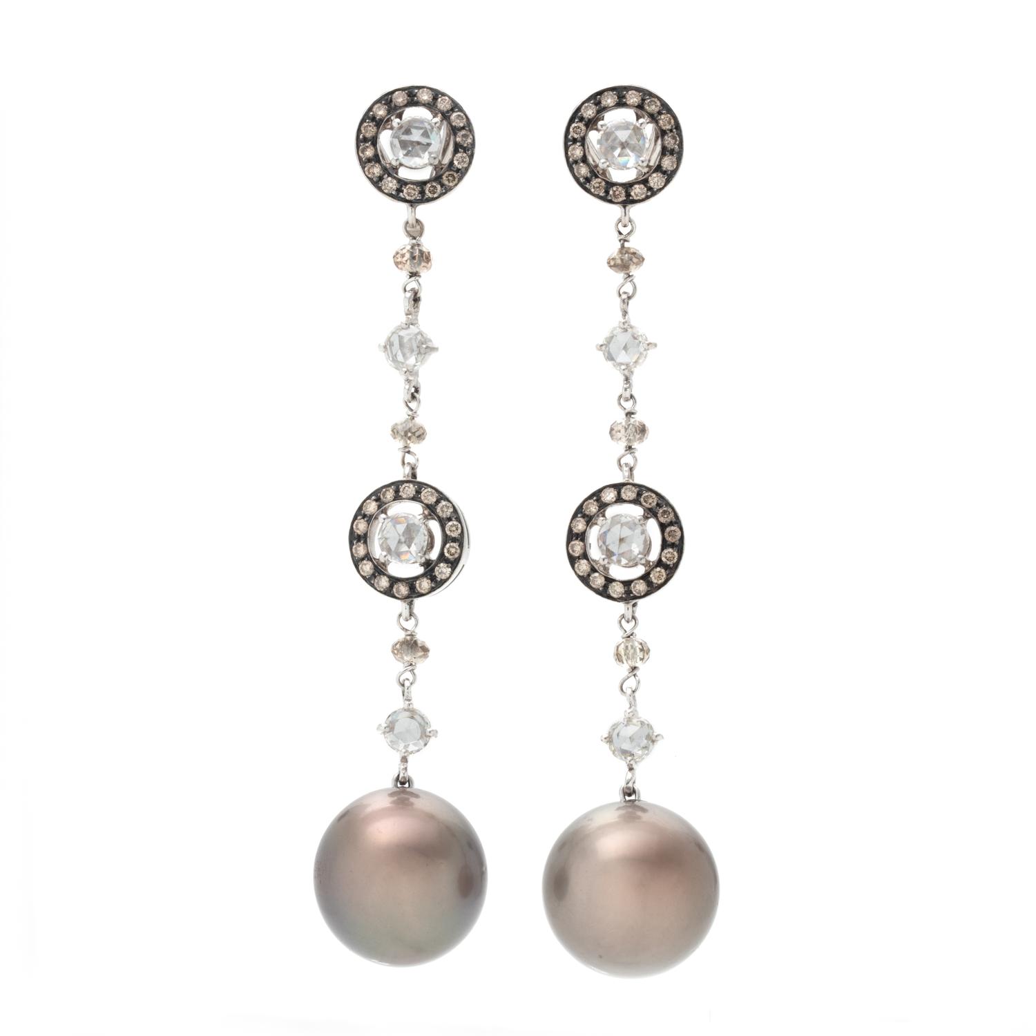 CULTURED TAHITIAN PEARL, DIAMOND AND COLORED DIAMOND EARCLIPS
