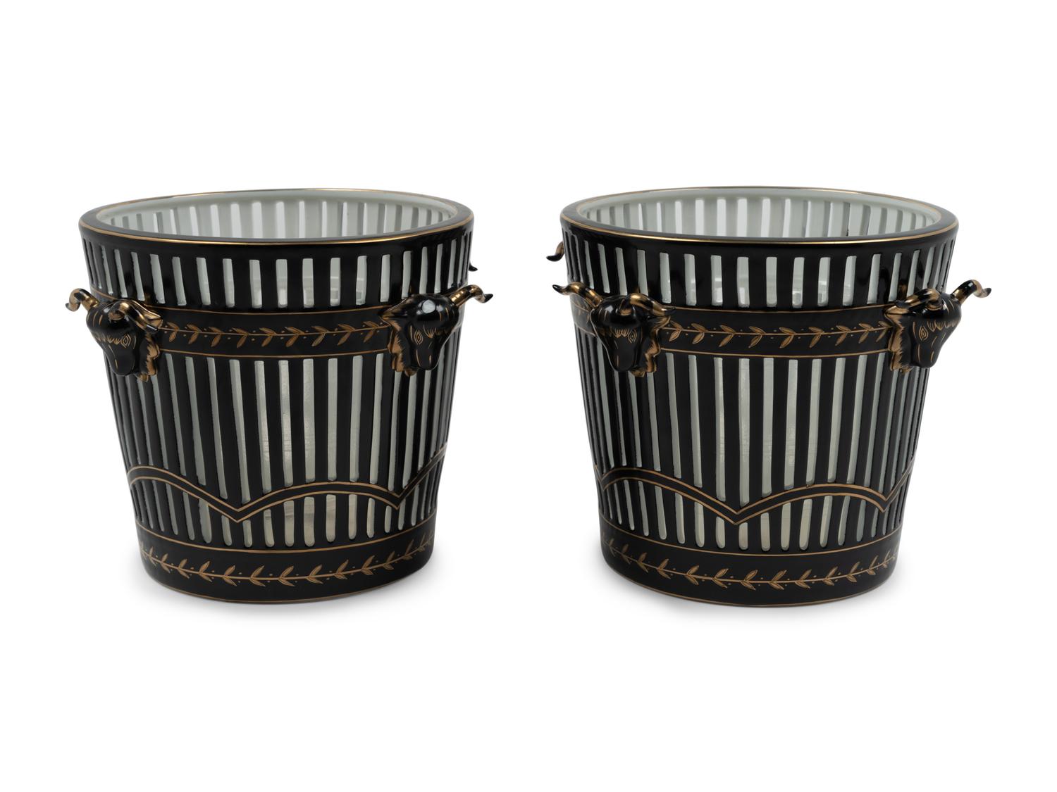 A Pair of Contemporary Reticulated and Parcel Gilt Porcelain Jardinières