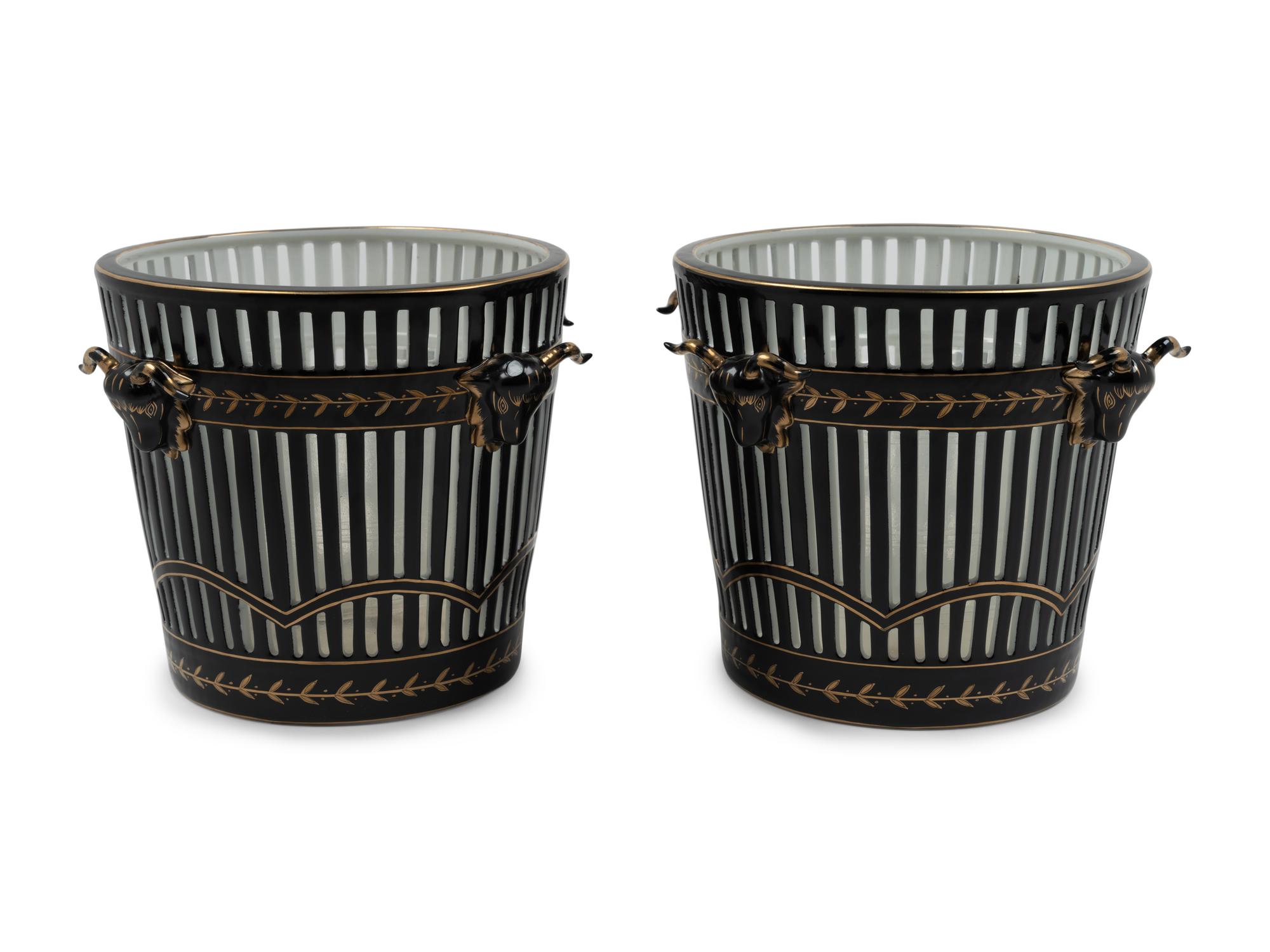 A Pair of Contemporary Reticulated and Parcel Gilt Porcelain Jardinières