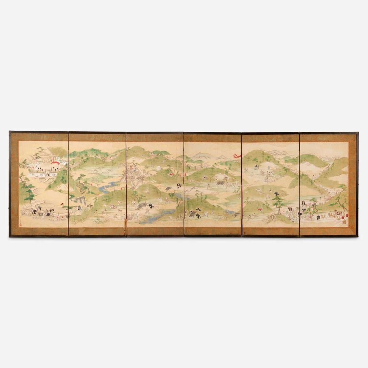 A Japanese six-fold screen depicting hunters in a landscape 日本狩猎图六开屏风 18th/19th century ???????