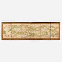 A Japanese six-fold screen depicting hunters in a landscape 日本狩猎图六开屏风 18th/19th century ???????