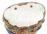 A Chinese Silvered and Enameled Box with a Jadeite Inset Cover Height 4 inches.