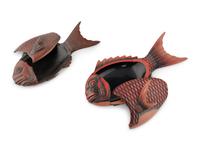 A Pair of Japanese Red Lacquer Fish-Form Covered Boxes